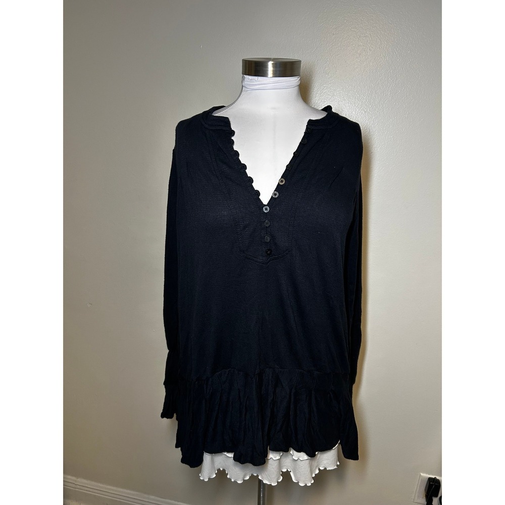 Free People Navy Ruffle Henley Thermal Long Sleeve Top Boho V-Neck